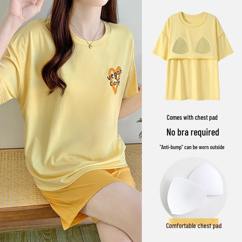Women's Summer Modal Pajamas: Short Sleeve, Thin Style, with Chest Pads, Round Neck – Sweet Student Homewear