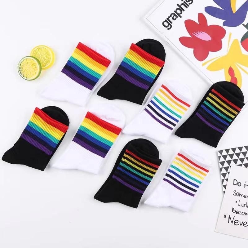 Instime Unisex Stripes Mid Men Socks Harajuku Colorful Funny Socks Men 1 Pair Kawaii Rainbow Color