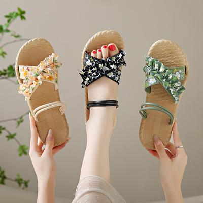Neue Sommer Vielseitige Schuhe für Damen, Flachsohlige Rutschfeste Sandalen Damen Strand Blumen Hausschuhe für Damen