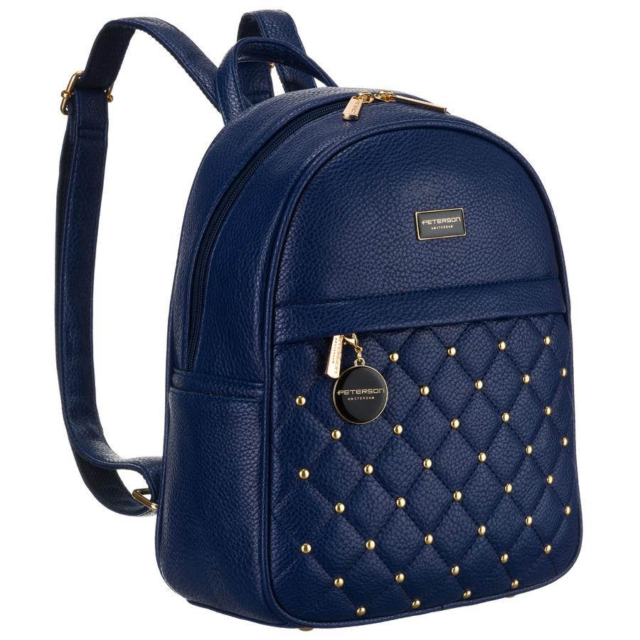 Pikowany, modny granatowy plecak damski zdobiony złotymi nitami eko skóra Peterson