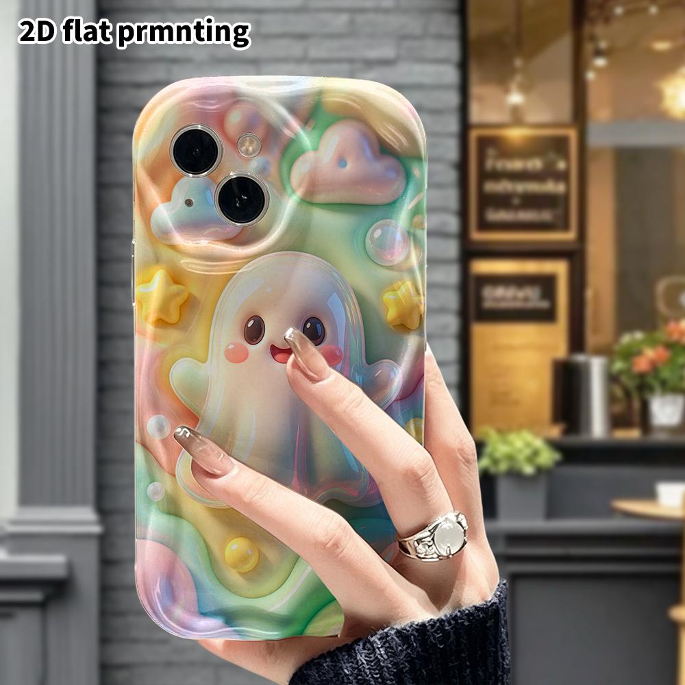 Phone case: 2D flat design suitable for iPhone 18 17 16 15 14 13 Pro protective case, rainbow little ghost, perfect Christmas and Halloween holiday gi