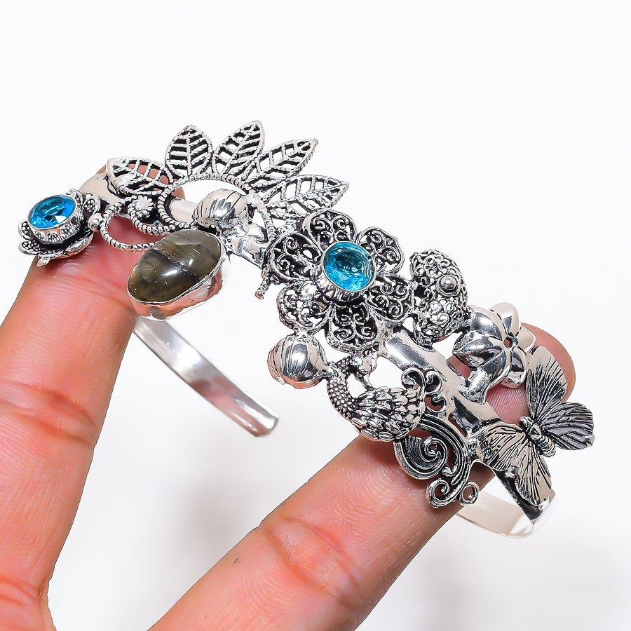 Natural Labradorite, Topaz 925 Sterling Silver Cuff Bangle Adjustable AC-1422
