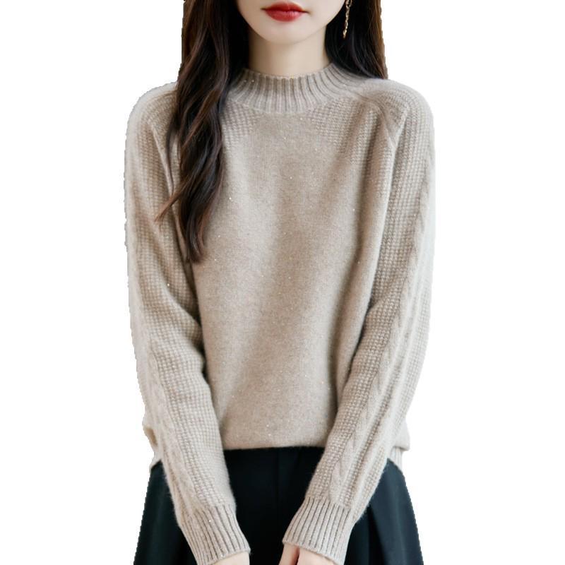 2025 Autumn/Winter Women's Wool Sequin Cable Knit Sweater with Half-High Collar