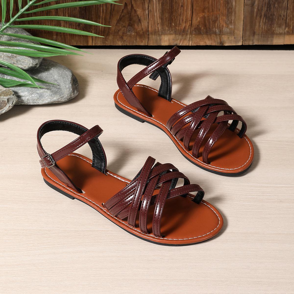 

Модные французские сандалии с плоским носком женские 2025 лето новые коричневые ретро черные удобные римские туфли обувь для женщин обувь на платформе 41 коричневый