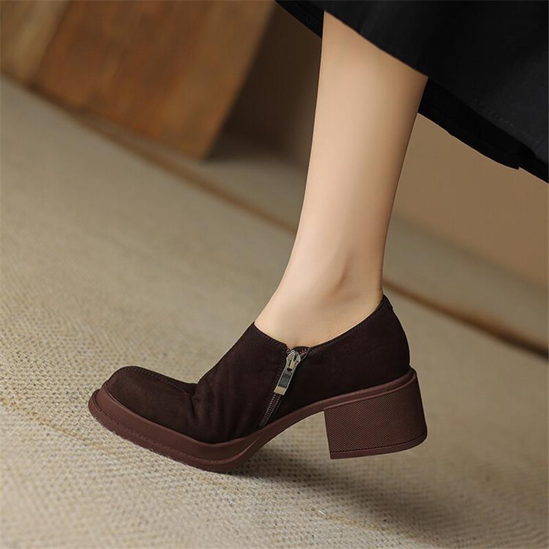 Fashion 2025 New Autumn Genuine Leather Loafers French Round Toe Chunky Heel Winter Women Pumps High Heels Shoes for Women Handmade