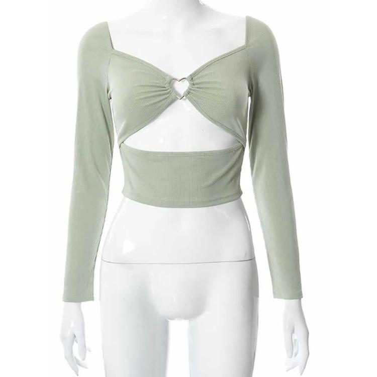 Vyhloubený výstřih do V Dlouhý rukáv Crop Tops Jaro Podzim Ležérní Móda Ženy Čtvercový límec Úzká žebrovaná trička Tričko bez zad