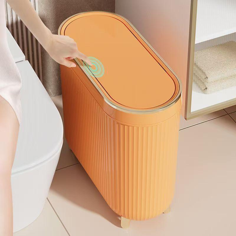 Narrow Side Wastebasket with Cover Press-type Trash Can Large Capacity Bathroom Trash Bin Kitchen Garbage Cube Home Bathroom Can