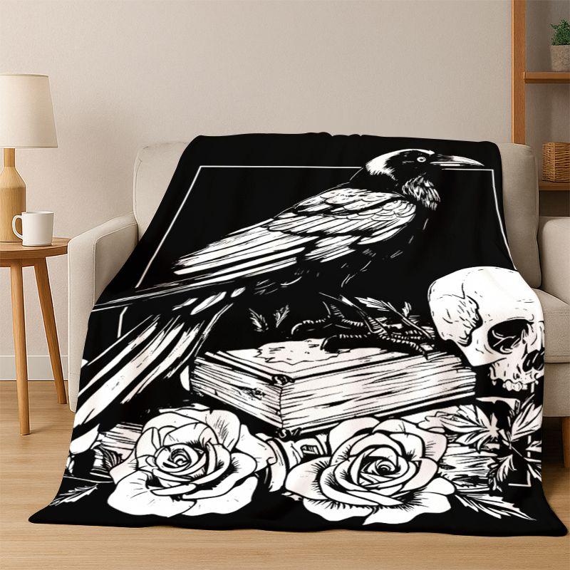 Gothic Raven Crow Skull Cartoon Flannel Blanket Soft Warm Blanket Throw Blanket for Bedroom Living Room Bed Travel Camping Gift