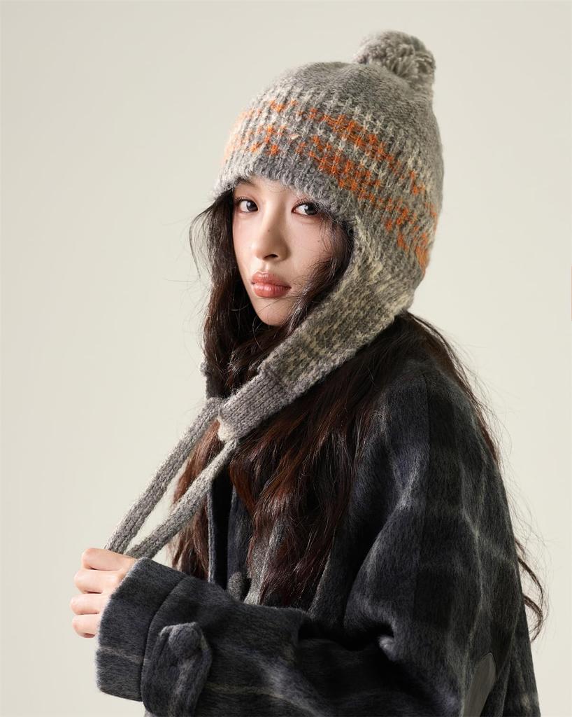 Knit Hat with Fair Isle Retro for and Outings Free [LINSHIN] Women's Hood, Autumn/Winter, Pattern, Earflaps, Style, Colorful, Soft, Warm, Stylish,