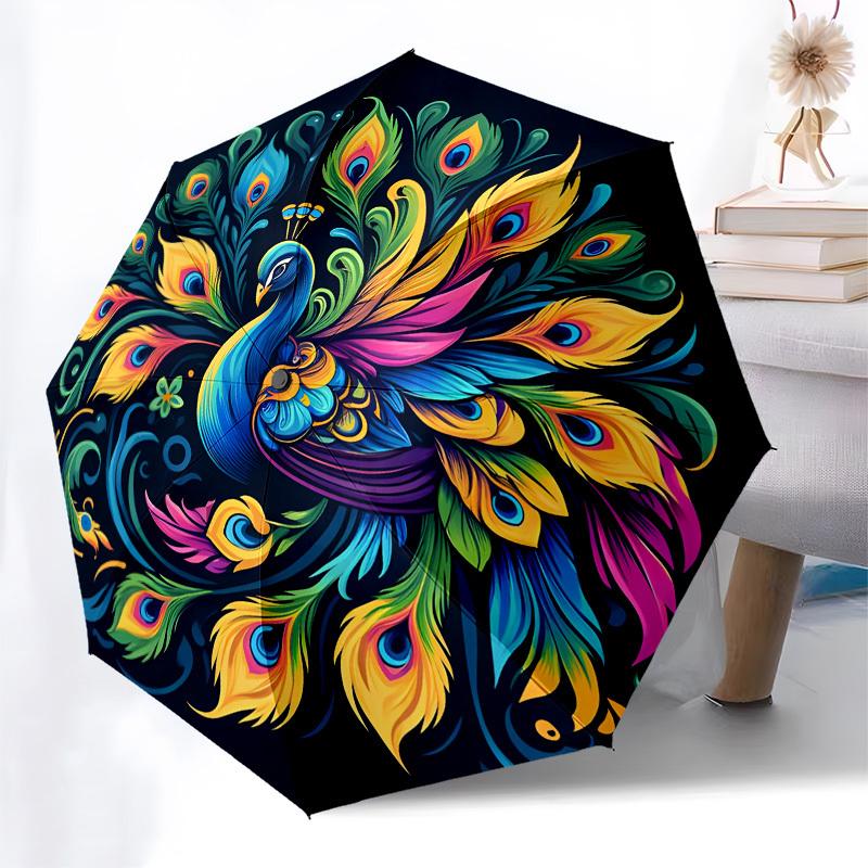 1pc Colorful Peacock Feather Mandala Umbrella with Plastic Handle,Suitable for All Seasons Home Travel Outdoor UmbrellaB1611
