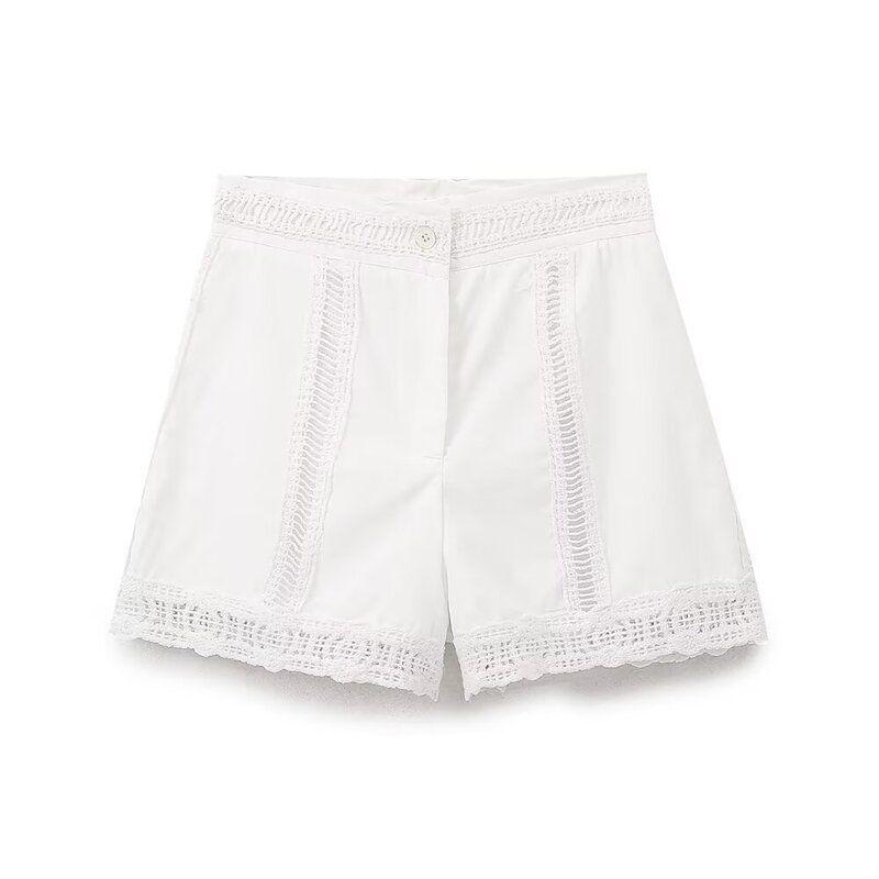Fashion Style 2024 Autumn New Arrival Women's Stylish Cut Out Crochet Shirt Casual Mid Waist Shorts 4786252