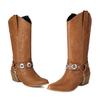 Embroidery Western Boots Women's Mid Calf Cowboy Boots Belt Buckle Chain Decor Shoes Comfy Med Heels Footwear