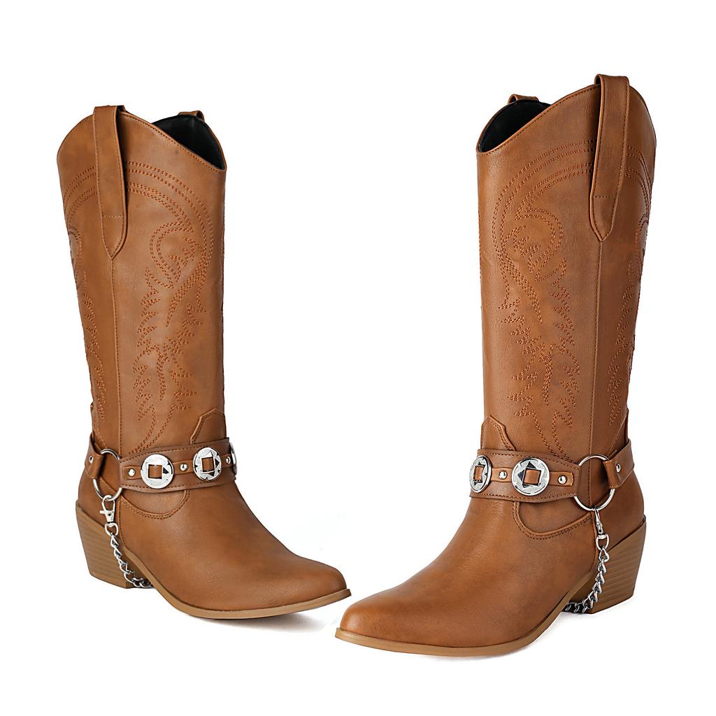 Embroidery Western Boots Women's Mid Calf Cowboy Boots Belt Buckle Chain Decor Shoes Comfy Med Heels Footwear