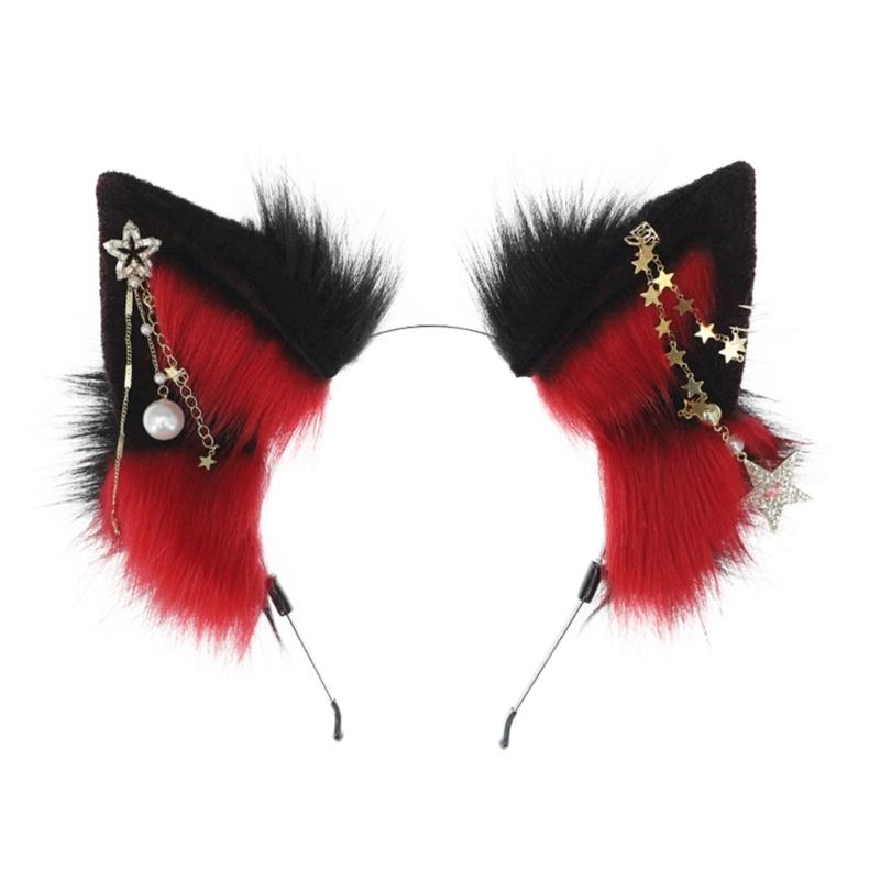 Wolf Ears Handmade Animal Furry Kitten Headband Star Tassels for Masquerade