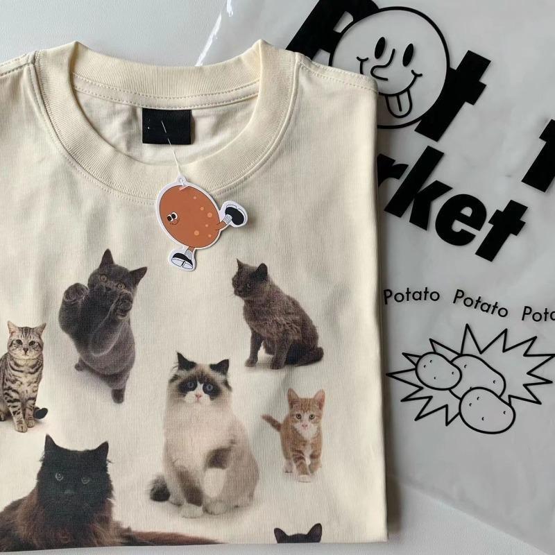 A Lot of Cute Cats Printed Round Neck T-shirt for Men and Women Retro Pure Cotton Summer Fashion Trend Casual Comfy Short Sleeve Top Harajuku