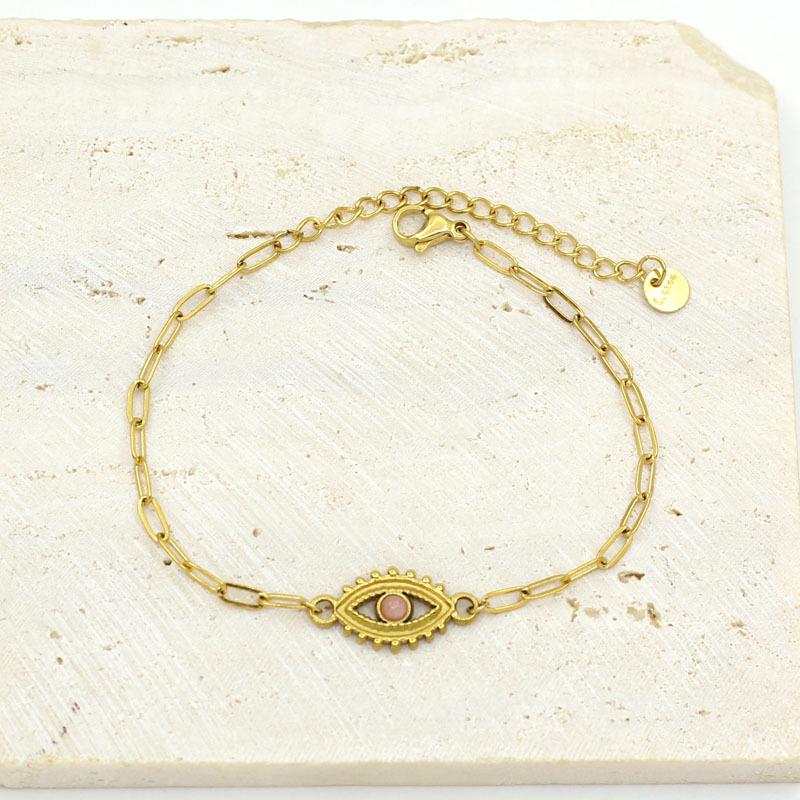 Gold-Plated Stainless Steel Retro Eye Pendant Bracelet with Inlaid Stone розовый