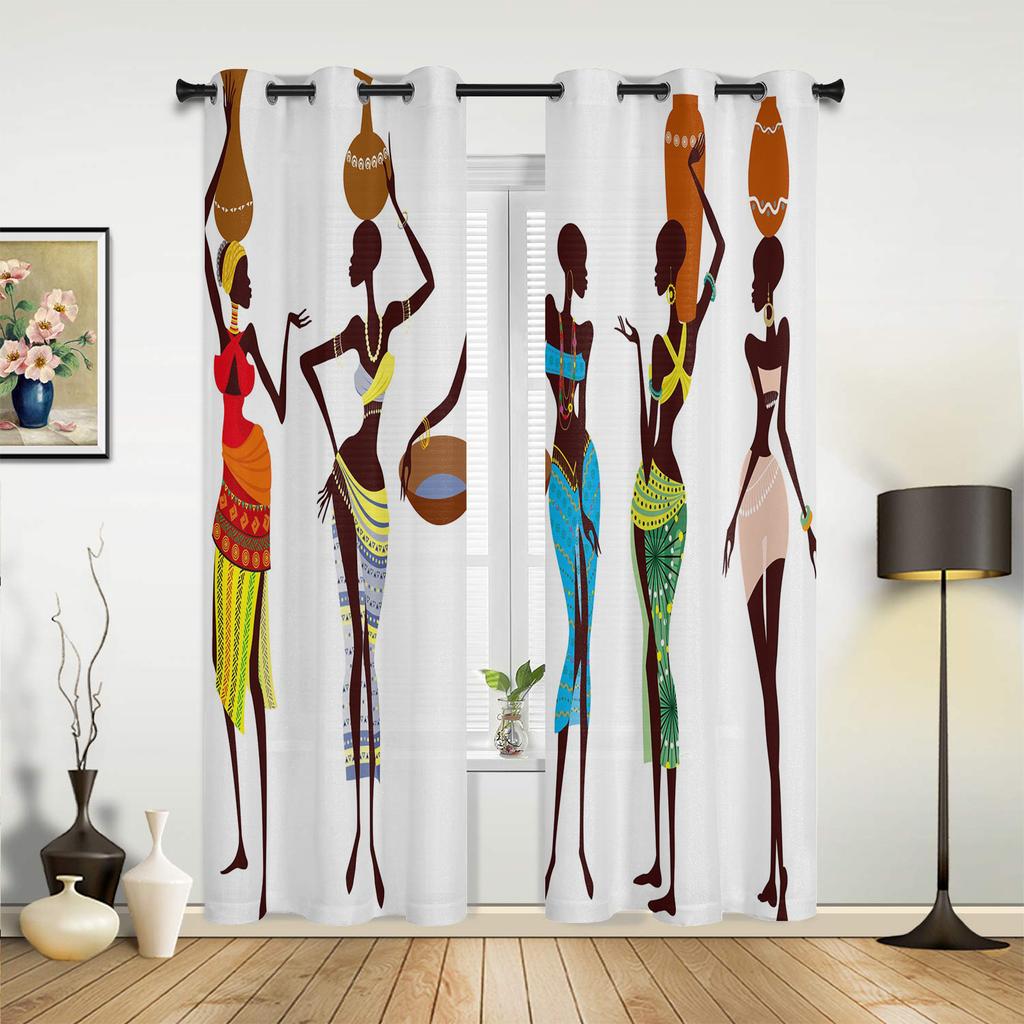 African Woman Yoga Vase Silhouette White Curtains for Bedroom Living Room Drapes Kitchen Children Window Curtain Home Decor