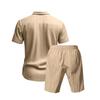 Summer Linen Suit Men's Striped Jacquard Loose Short Sleeve Shirt Beach Shorts Two-piece Set