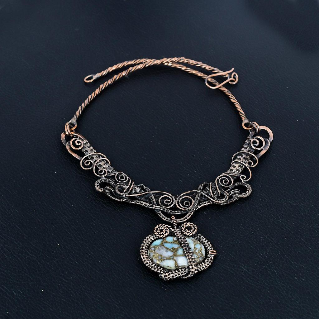 Copper Larimar 999 Copper Wire Wrapped Necklace Necklace with Adjustable Chain, Handmade Gemstone Jewelry Necklace For Thanksgiving