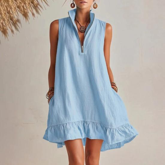 Women's Sleeveless Mini Dress, Half Zipper Stand Collar Ruffle A-line Dress, Summer Casual Flowy Beach Vacation Sundress