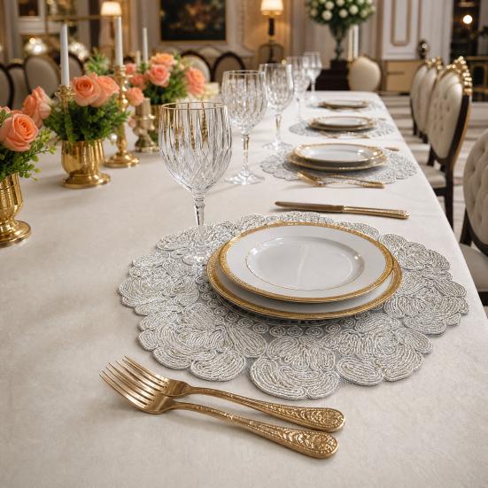 Rose Placemat, Round Embroidered Light Breathable Placemat, Protects Against Stains Burns Scratches Coasters, for Kitchen Dining Room