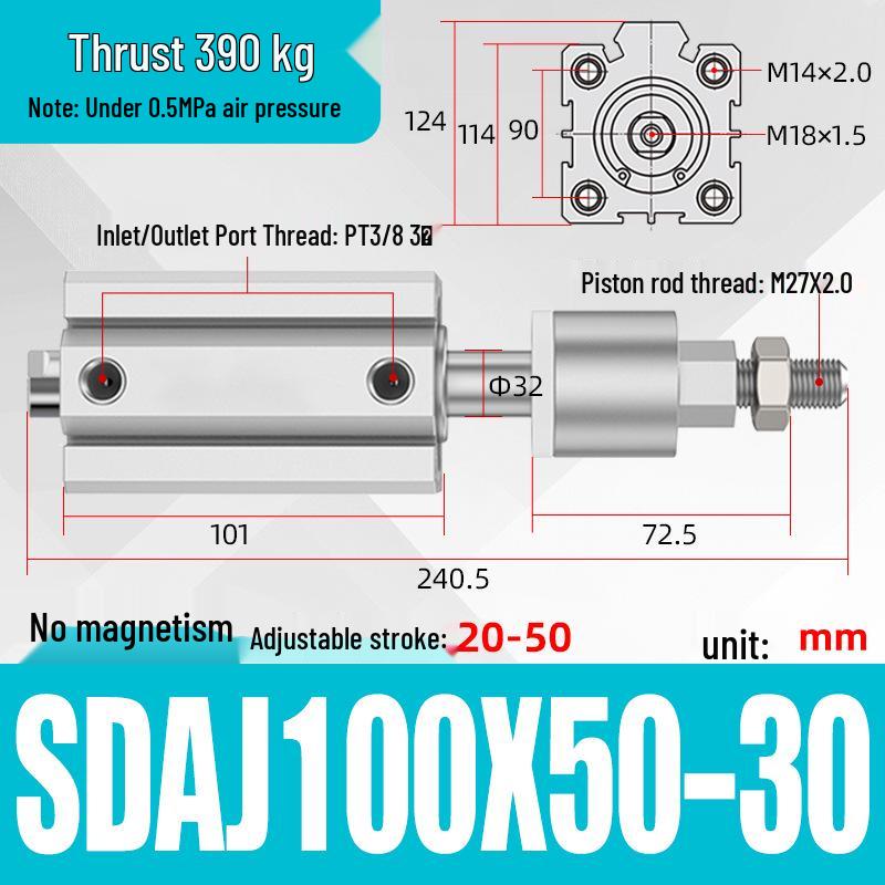 Adjustable Stroke Pneumatic Thin Cylinder - Piston Rod Sizes: 16/20/25/32/40/63