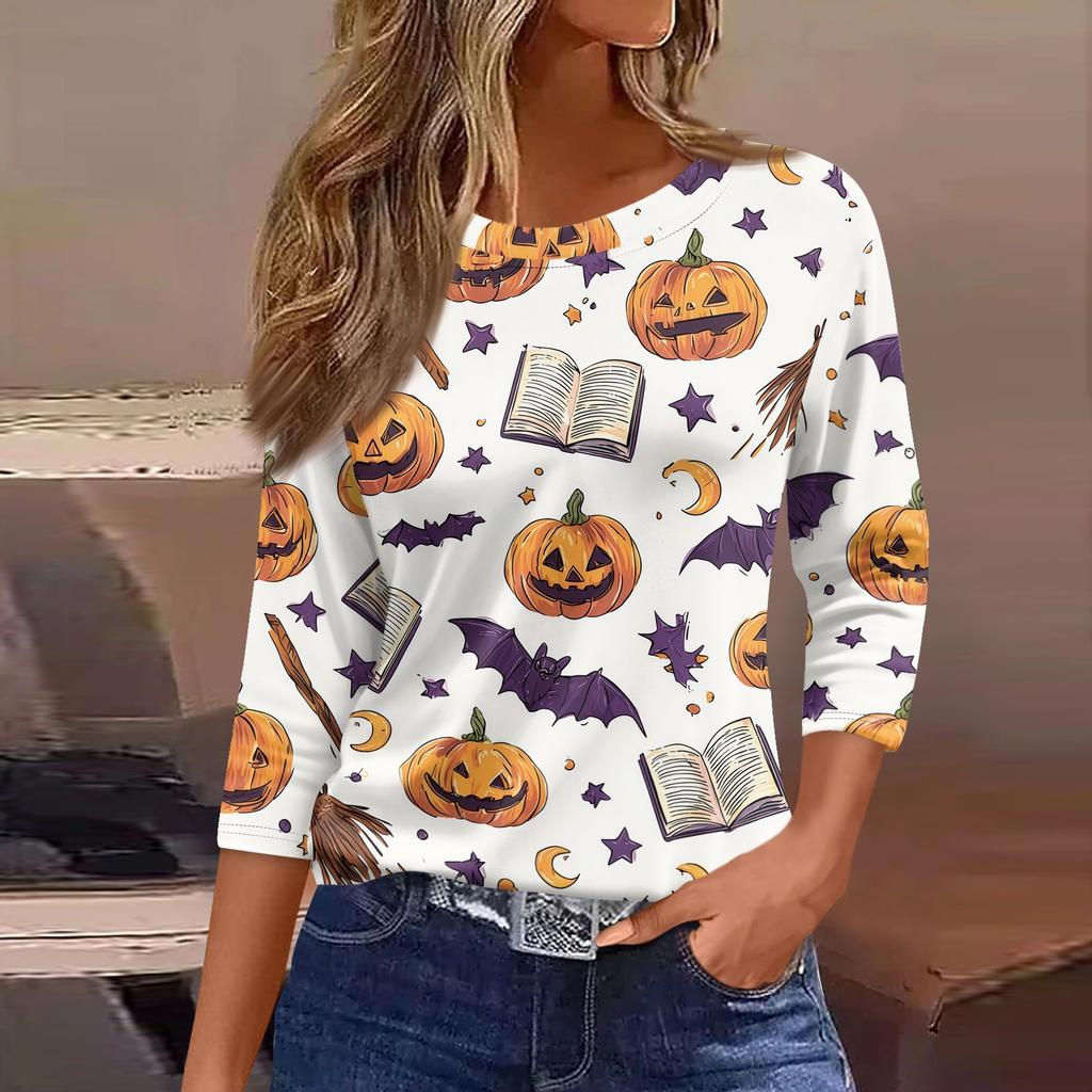 Women's Loose Fit Casual Halloween Print T-Shirt 3/4 Sleeve Round Neck Relaxed Fit Top for Everyday Wear