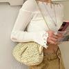 Women Shoulder Bag Slim Metal Chain Straw Braided Solid Color Large Capacity Handbag Shell Shape