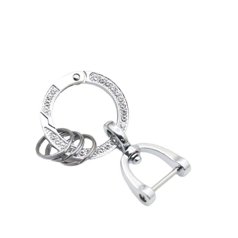 Rhinestone Circle Car Keychain with Gold Edge, Rope, Metal Keyring Pendant for Hyundai – Waist Hanging Household Hardware Buckle