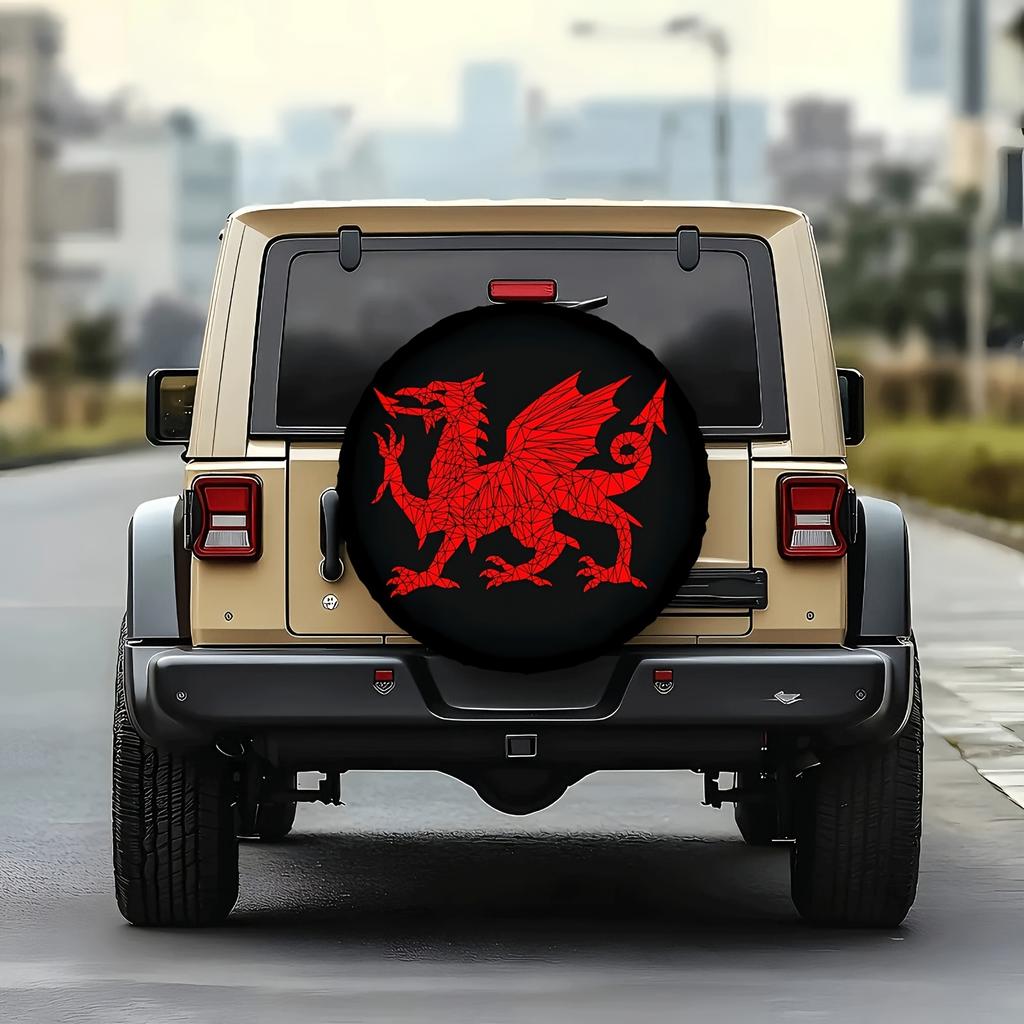 1pc Geometric Red Dragon Pattern Car Tire Cover, Easy to Install, Snug Fit, Dust-Proof Tire Protector, Perfect for Off-Roading, Camping, Travel Traile