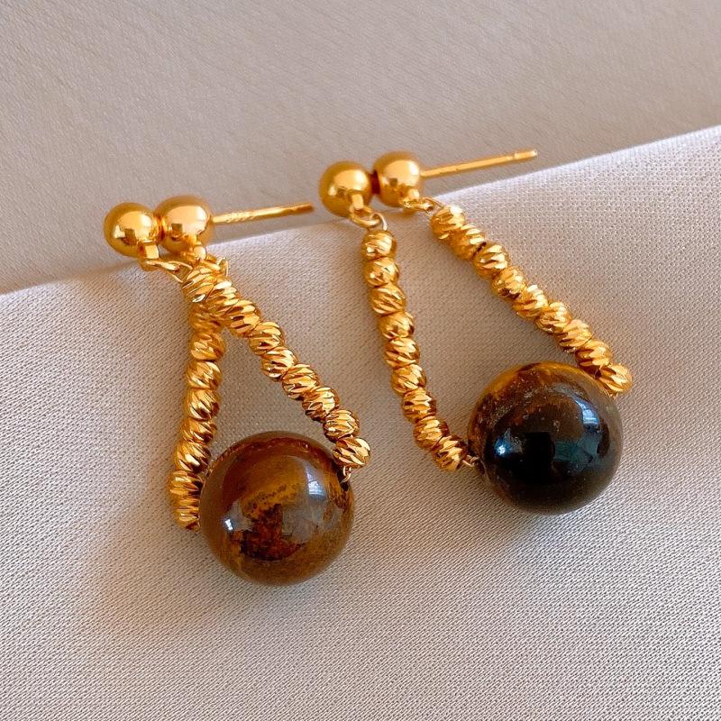 Silver Needle Geometric Tiger Eye Flower Earrings - Retro Style, Light Luxury, High-End Fashion Ear Studs
