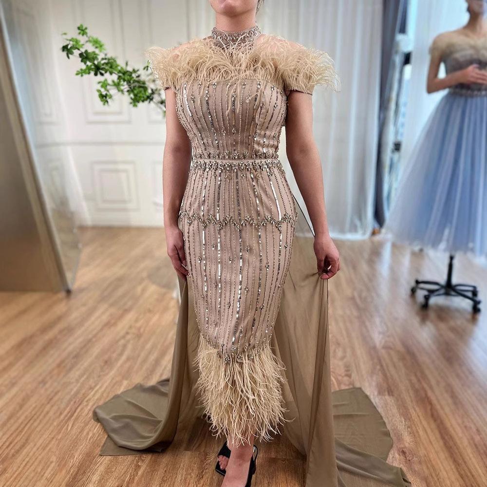 Grey neck fish medium and long tail dress skirt, bead feather art test solo performance host LA11010