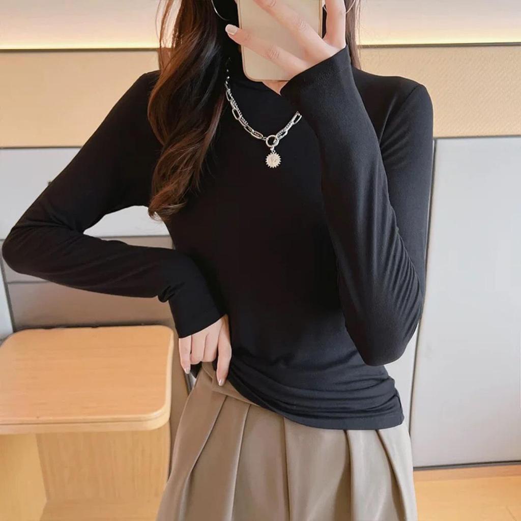 Women's Pure Cotton White Long Sleeve Slim Fit Base Layer Top for Autumn/Winter 2025