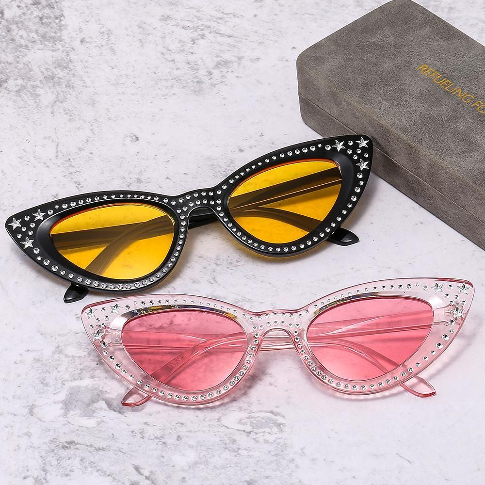 Stars Decor Cat Eye Sunglasses for Women Diamond Sun Glasses Rhinestone Bling Shades Y2K Cycling Driving Eyewear