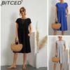 Women's Fashion Summer Spring Solid Color Print O-Neck High Waist Casual Dresses
