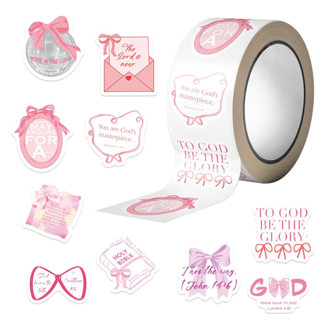 500 Pieces/roll Roll Sticker Tape Hot Spot Pink Bow Handbook Material Decorative Envelope Mouth