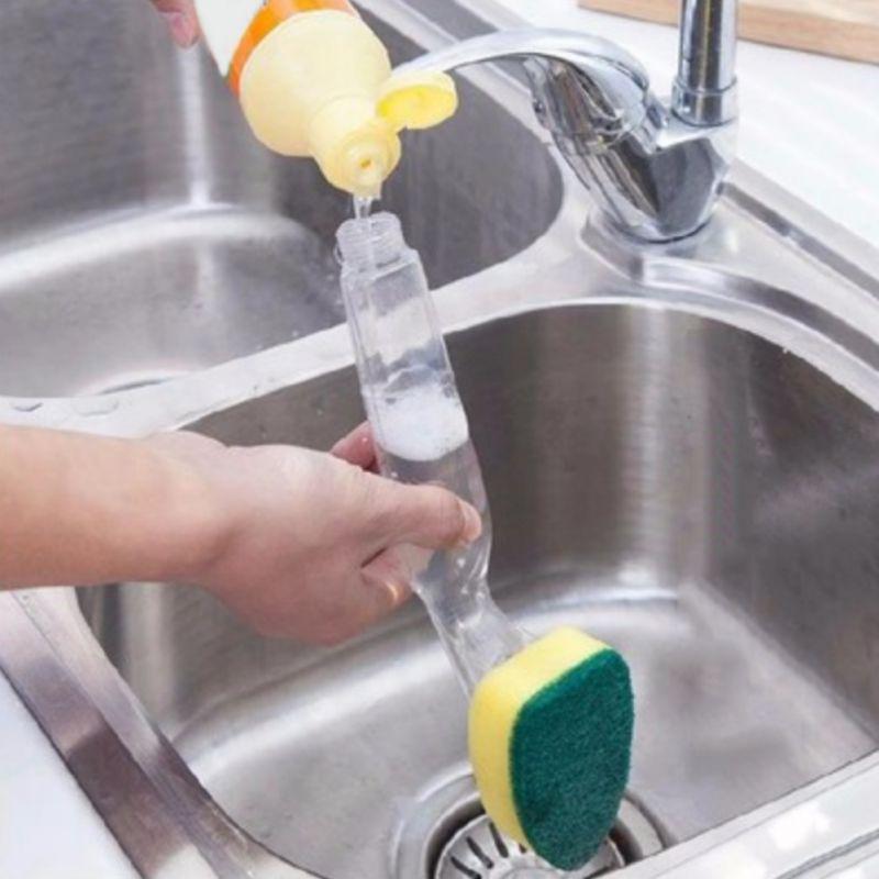 Kitchen Cleaning Supplies Brushing Pot Sponge Brush(Optional 1 Brush With Handle And 2 Refill Replacement Heads), Detachable Handle Adding Cleaner