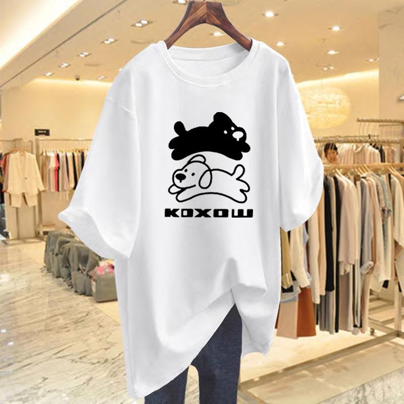 White Cartoon Printed Loose Cotton Short-sleeved T-shirt Women's Summer New Medium and Long Top