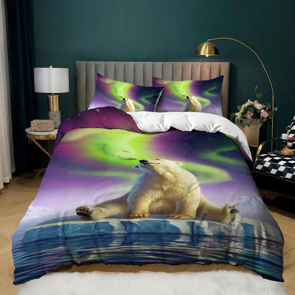 Aurora Borealis Polyester Bettbezug-Set Baum unter Magnetfeld der Natur mit Nordlichter-Landschaftsbild King Size