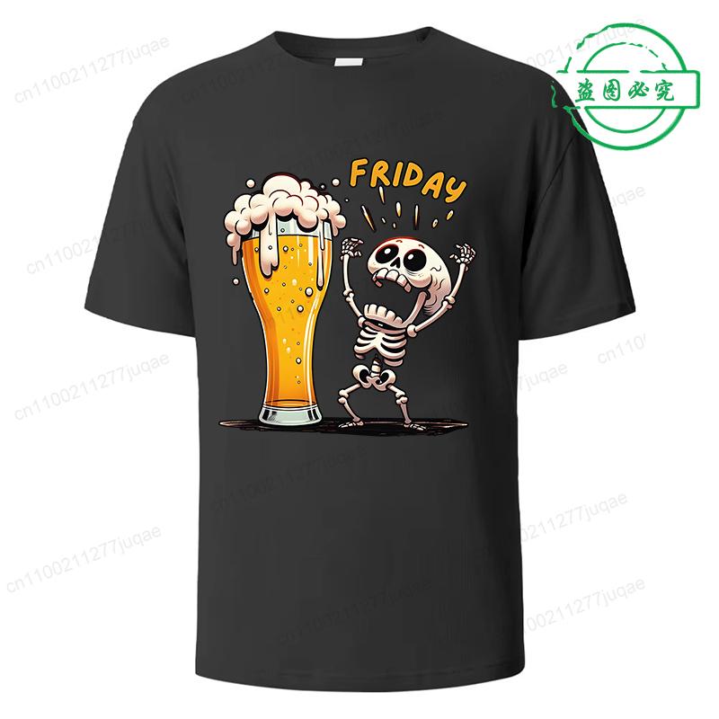 Funny Friday Drink Beer Skull Men's T-Shirt Harajuku Street Top Sportswear Breathable Oversize Men's Clothing Streetwear Casual