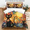 Whimsical Black Cat Art Duvet Cover Set, Colorful Floral & Sun Print Bedding, 2D Flat Printed