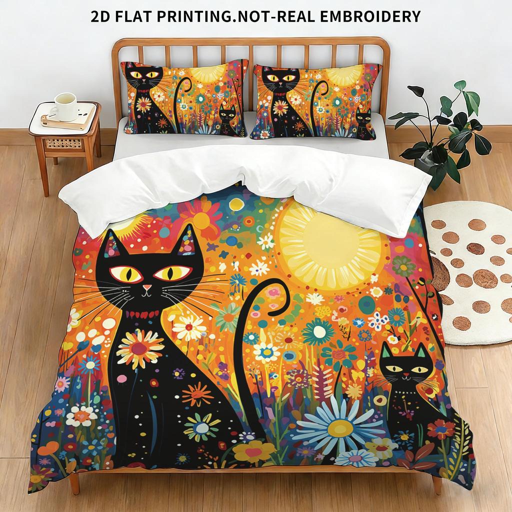 Whimsical Black Cat Art Duvet Cover Set, Colorful Floral & Sun Print Bedding, 2D Flat Printed