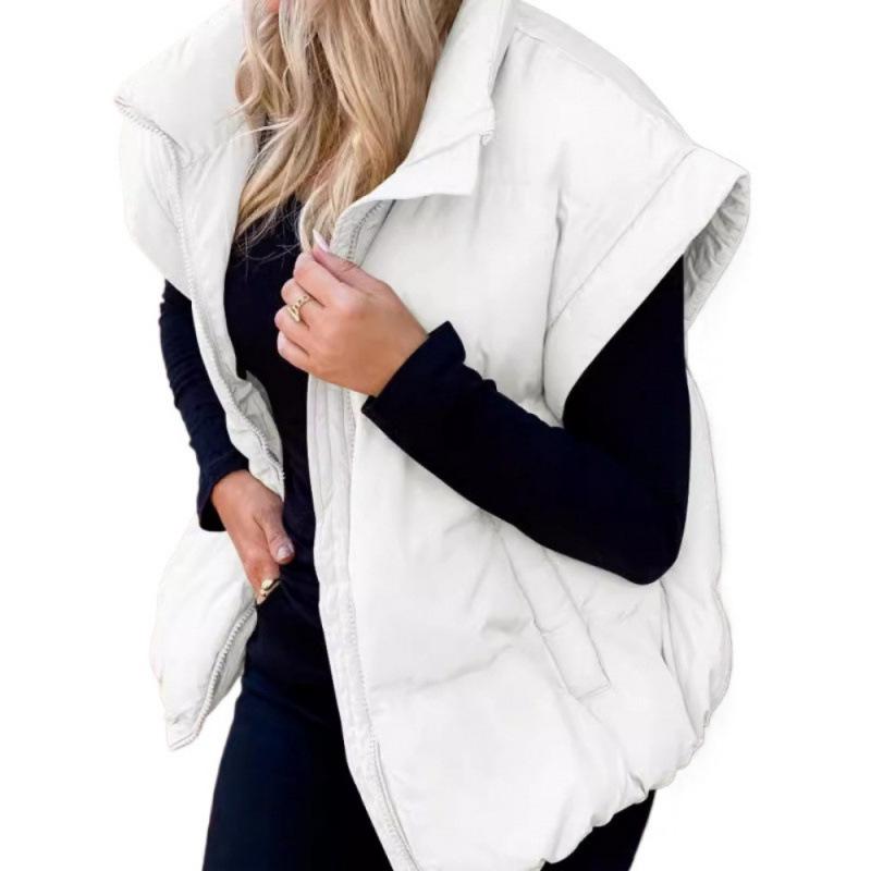 Stylish European & American Women's Solid Color Zipper Pocket Cotton Vest - Stand Collar, Trendy Commuting Jacket