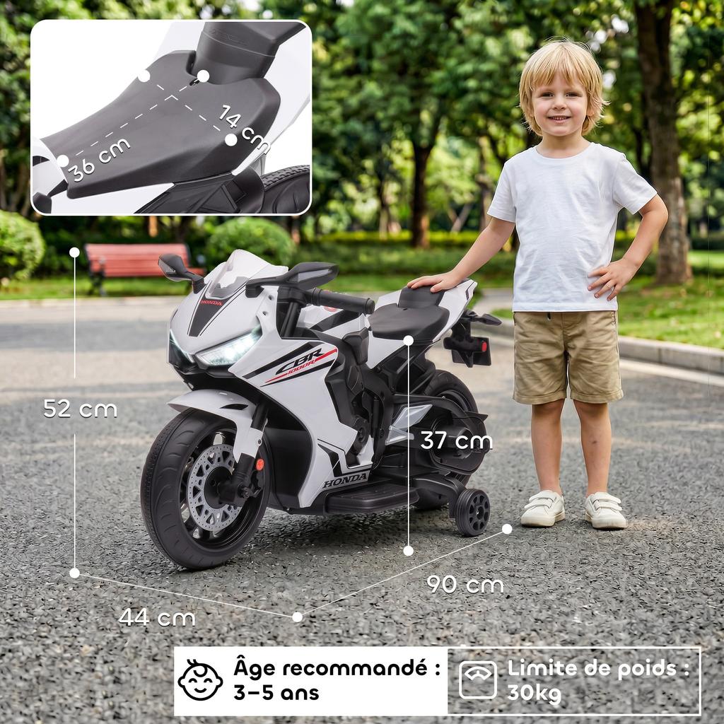 Electric Motorcycle for Children, Honda, 6 V, 3 km/h, Music, Lights, 2 Training Wheels, White