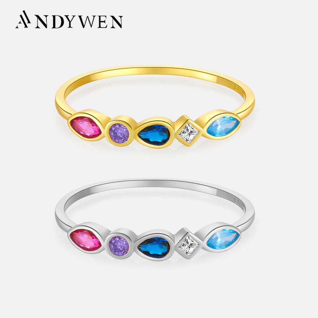 ANDYWEN Inele din argint 925 curcubeu albastru trandafir roșu femei rock punk inele de lux colorate bijuterii