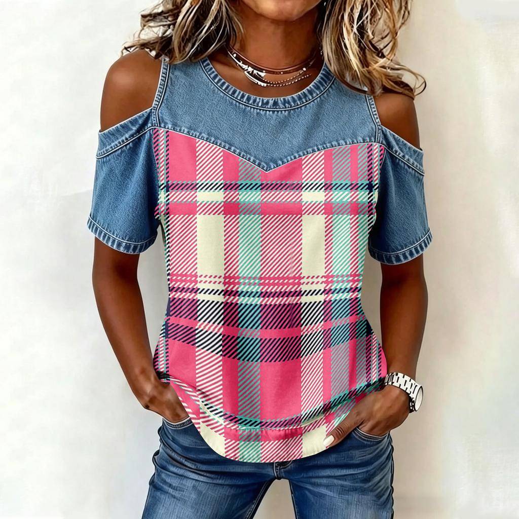 Women's Casual Patchwork Fashion Print Off-Shoulder Top