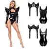 Damen ärmelloser Bodysuit mit tiefem Rücken und langärmeliger Rollkragenanzug mit Reißverschluss hinten und Schulterpanzerung, metallisch glänzend, Clubwear für Halloween-Party