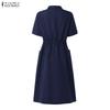 ZANZEA Women Casual Turn Down Collar Loose Short Sleeve Drawstring Dress
