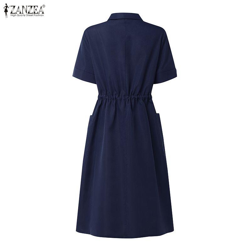 ZANZEA Women Casual Turn Down Collar Loose Short Sleeve Drawstring Dress