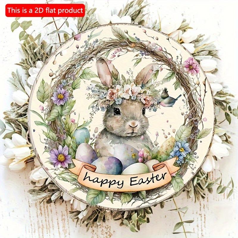 2d Flat 20*20cm, Easter Decoration, Happy Easter, Wooden Circular Wall Decoration, Cartoon Rabbit Easter Egg Welcome Door Number, for Home, Kitchen